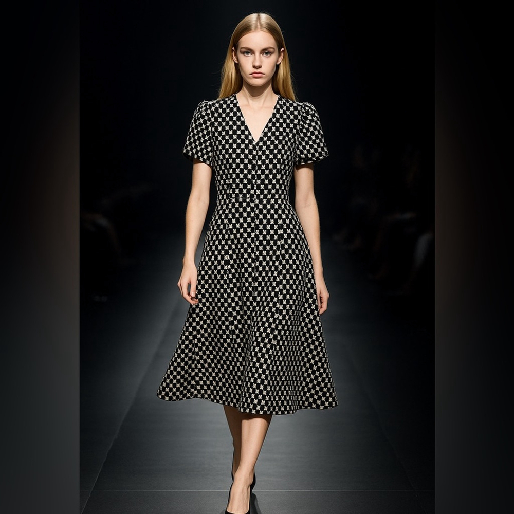 UNIQUE DESIGN Original New Silk Dress Elegant Black and White Checkered